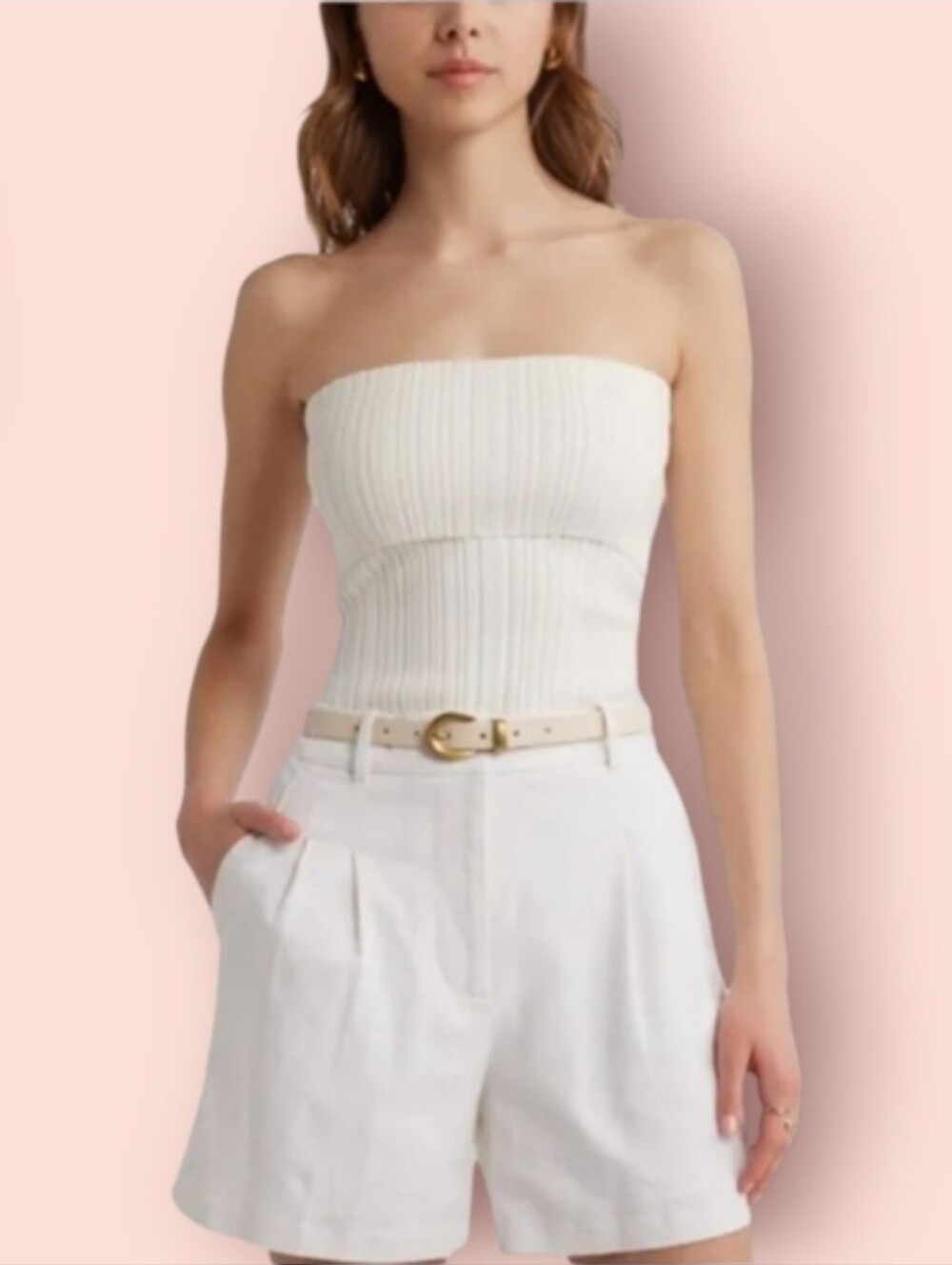 Open Edit Knit Strapless Rib Tube Top In Ivory Cloud